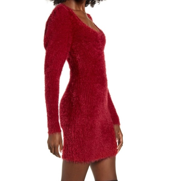 NWOT 4SI3NNA Fuzzy Red Long Sleeve Sweater Dress - Picture 3 of 14